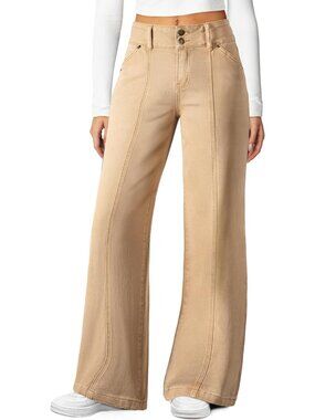 Women's Khaki High Waisted Stretchy Jeans Seamed Front Double Buttons Wide Leg